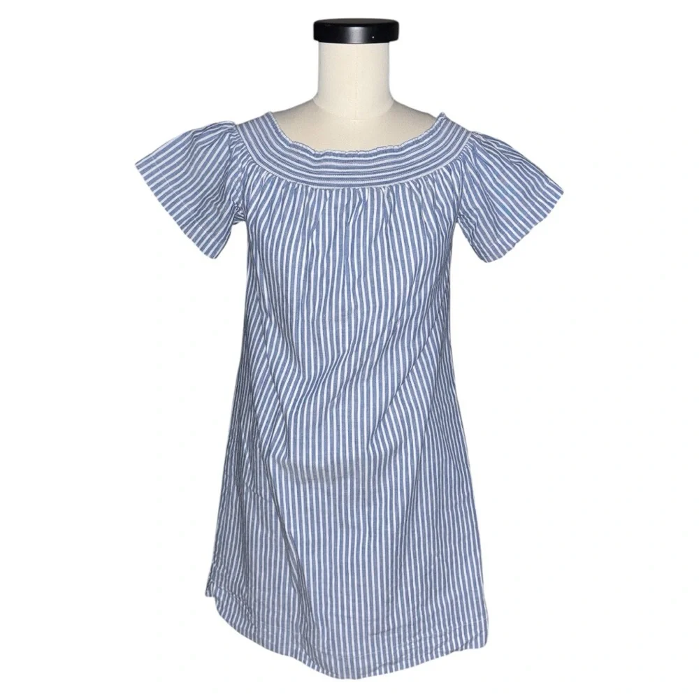 J. Crew Blue & White Striped Off-the-shoulder Dress